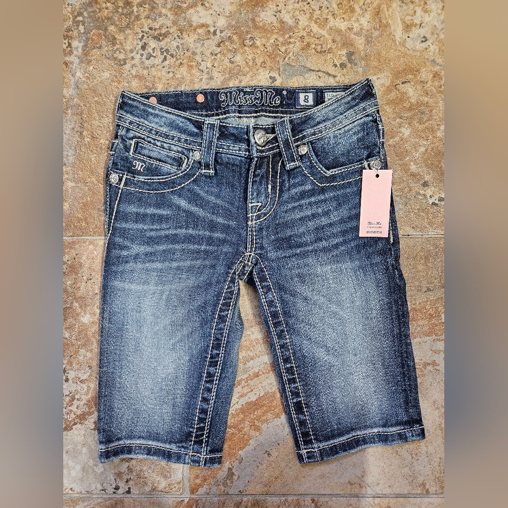 Girls Size 8 Miss Me Blue Denim BERMUDA Shorts with White Stitching